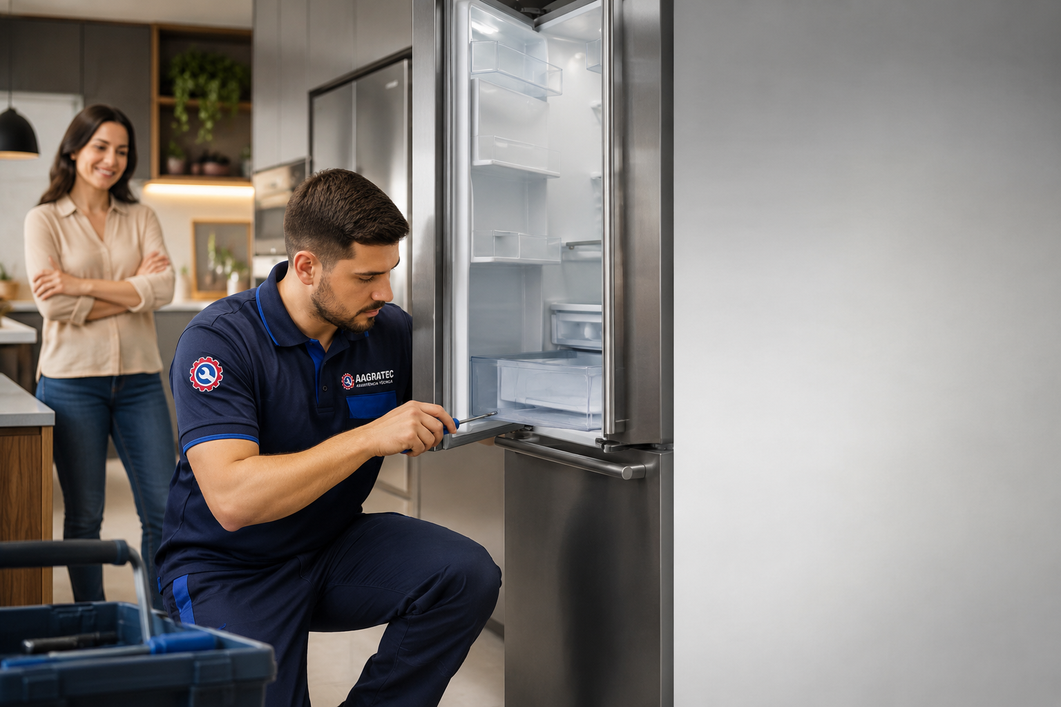 Técnico AAGRATEC consertando geladeira no domicílio em São Paulo